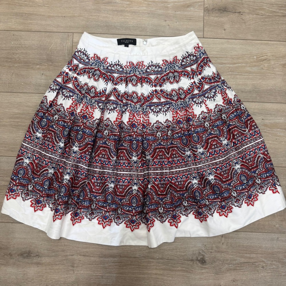 Talbots Petites Red White Blue Paisley Pleated A-Line Skirt Size 2P Cotton Blend
